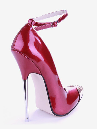 セクシーハイヒール パテントレザー ラインストーン アンクルストラップ ワインレッド 