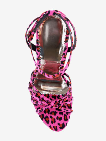 セクシーサンダル ヒョウ柄 スティレットヒール ローズレッド アンクルストラップ 