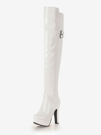 ホワイト ニーハイブーツ レディース靴 PU ロングブーツ ブラック シューズ レディースブーツ シック＆モダン 12cm チャンキーヒール アーモンドトゥ 無地 アウトドア