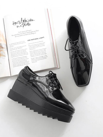 スニーカー 女性用 ブラック ウェッジソールシューズ 7cm 靴の甲の素材：パテント PU シューズ 無地 カジュアル レースアップ スクエアトゥ カジュアル レディース靴
