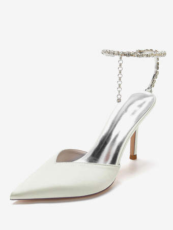 アイボリー 女性の結婚式の靴ラインストーンサテン先のとがったつま先スティレットヒールブライダルシューズ