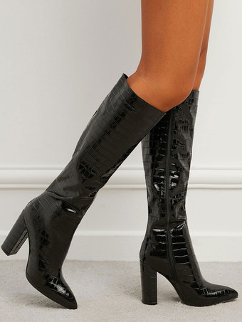 レディース クロコ型押しチャンキーヒール ニーハイブーツ