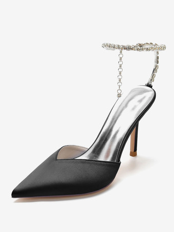 ブラック 女性の結婚式の靴ラインストーンサテン先のとがったつま先スティレットヒールブライダルシューズ