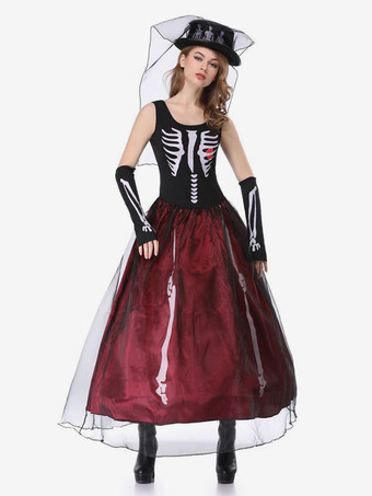 Trajes De Halloween 2024 Preto Headwear Vestido De Poliéster Mulheres Corpse Bride Mardi Gras Set Feriados Trajes