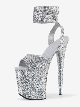 シルバー ハイヒール ピープトゥ スティレット ポールダンスシューズ セクシーなサンダル PUレザー