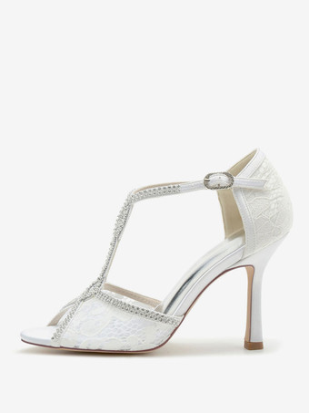 女性のブライダルシューズラインストーンレースのぞき見つま先スティレットヒールブライダルシューズ