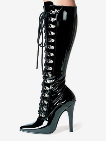 Black 4 1/10 High Heel Lace-Up Patent Leather Womens Sexy Boots
