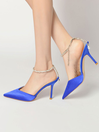 女性の結婚式の靴ラインストーンサテン先のとがったつま先スティレットヒールブライダルシューズ