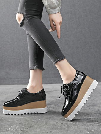 レディーススクエアトゥウェッジヒールパテントレザーオックスフォード