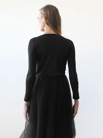 ゴシックブラックのウェディングドレス A ラインジュエルネック長袖レーストレインブライダルガウン無料カスタマイズ