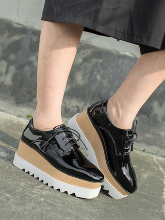 レディーススクエアトゥウェッジヒールパテントレザーオックスフォード