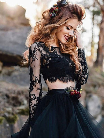 ゴシックブラックのウェディングドレス A ラインジュエルネック長袖チュールレーストレーンブライダルガウン無料カスタマイズ