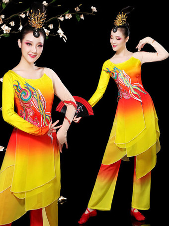 黄色の中国の衣装アジアのダンス衣装2ピース衣装カーニバル衣装