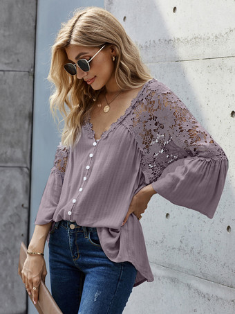 女性のための 3/4 袖 Tシャツ ブラック シアー レース ボタン V ネック Tシャツ