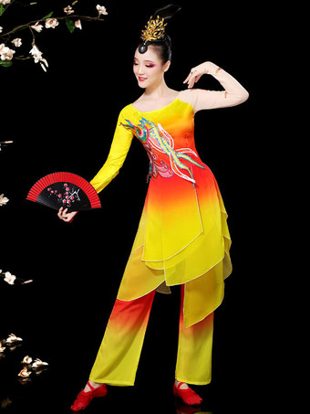 黄色の中国の衣装アジアのダンス衣装2ピース衣装カーニバル衣装