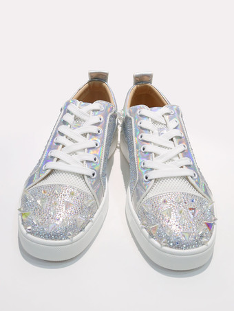 メンズ シルバー ラウンドトゥ リベット ラインストーン スパイク ロートップ スリッポン プロム ホームカミング パーティー シューズ