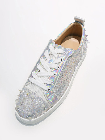 メンズ シルバー ラウンドトゥ リベット ラインストーン スパイク ロートップ スリッポン プロム ホームカミング パーティー シューズ