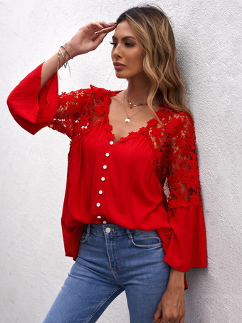 レッド 女性のための 3/4 袖 Tシャツ ブラック シアー レース ボタン V ネック Tシャツ