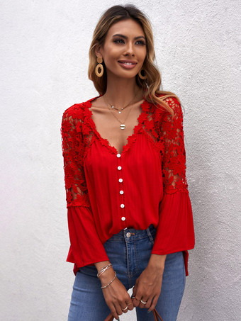 女性のための 3/4 袖 Tシャツ ブラック シアー レース ボタン V ネック Tシャツ