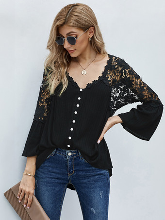 ブラック 女性のための 3/4 袖 Tシャツ ブラック シアー レース ボタン V ネック Tシャツ