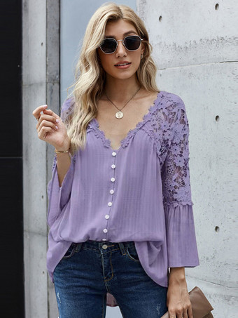 パープル 女性のための 3/4 袖 Tシャツ ブラック シアー レース ボタン V ネック Tシャツ