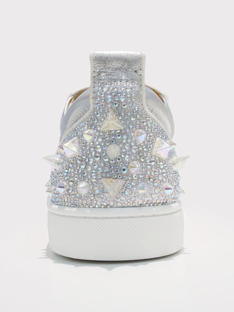 メンズ シルバー ラウンドトゥ リベット ラインストーン スパイク ロートップ スリッポン プロム ホームカミング パーティー シューズ