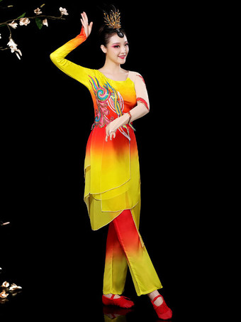 黄色の中国の衣装アジアのダンス衣装2ピース衣装カーニバル衣装