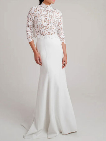 アイボリー ツーピース ウェディング ドレス レース ハイカラー マーメイド トレーン 3/4 袖ブライダル ドレス無料カスタマイズ