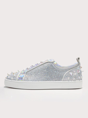 メンズ シルバー ラウンドトゥ リベット ラインストーン スパイク ロートップ スリッポン プロム ホームカミング パーティー シューズ