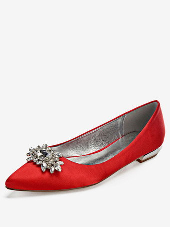 サテン母親シューズ　2026　ダックネイビー　ポインテッドトゥ　ラインストーン　スリップオンフラット　ブライダルシューズ　ウェディングゲストシューズ