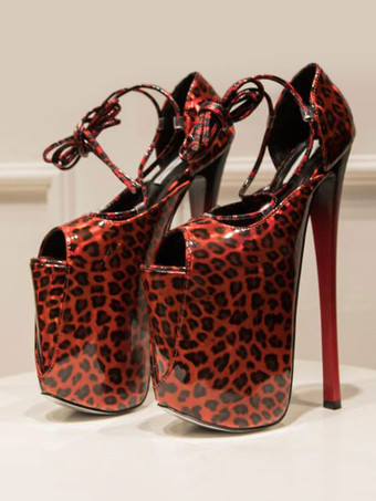 女性セクシーサンダルレッドPUレザーオープントゥスティレットヒールレースアップセクシーレースアップヒールストリッパーシューズ ポールダンスシューズ