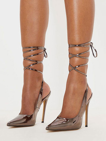 ブロンズカラー女性ハイヒール マゼンタ ポインテッドトゥ 調節可能なストラップ スリング バック レディース シューズ