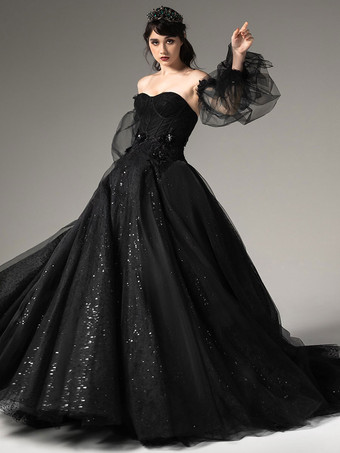 ゴシックウェディングドレス A ライン長袖プリーツレーストレーンブライダルガウン無料カスタマイズ