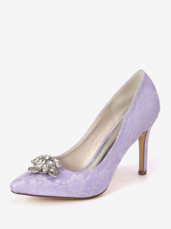 ライラックホワイトウェディングシューズレースポインテッドトゥラインストーンスチレットヒールブライダルシューズハイヒールパーティーシューズ