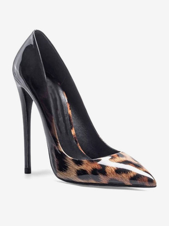 女性のパンプス指摘つま先スチレットヒールヒョウプリントポリウレタンハイヒールの靴