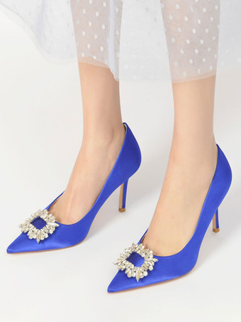 女性のブライダルシューズラインストーンサテンポインテッドトゥスティレットヒールブライダルシューズ