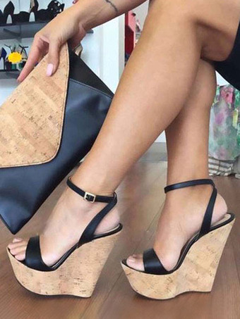 Black Lace Up High Heel Wedge Sandals | Tajna Club