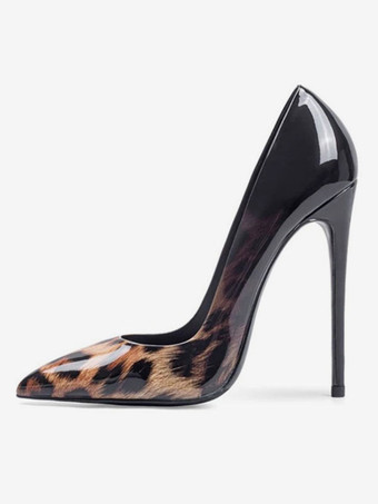 女性のパンプス指摘つま先スチレットヒールヒョウプリントポリウレタンハイヒールの靴