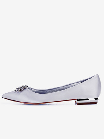 サテン母親シューズ　2026　ダックネイビー　ポインテッドトゥ　ラインストーン　スリップオンフラット　ブライダルシューズ　ウェディングゲストシューズ