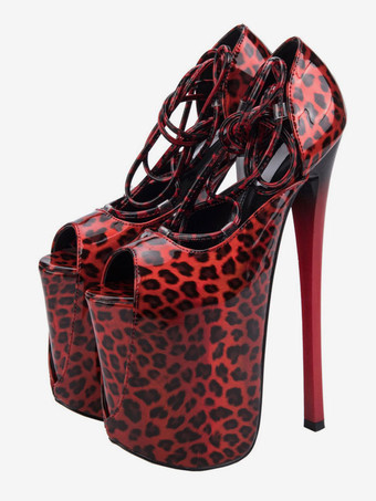 女性セクシーサンダルレッドPUレザーオープントゥスティレットヒールレースアップセクシーレースアップヒールストリッパーシューズ ポールダンスシューズ