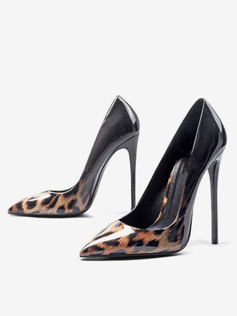 女性のパンプス指摘つま先スチレットヒールヒョウプリントポリウレタンハイヒールの靴