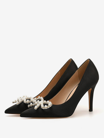 ブラック 女性用パンプススリッポンポインテッドトゥスティレットヒールパールクラシックロートップホワイトヒール