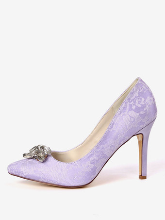 ホワイトウェディングシューズレースポインテッドトゥラインストーンスチレットヒールブライダルシューズハイヒールパーティーシューズ