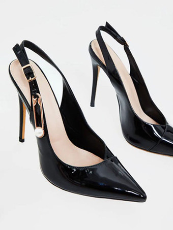 Tacchi alti da donna Tacco a spillo Tacco a punta in pelle PU con tacco nero Slingback