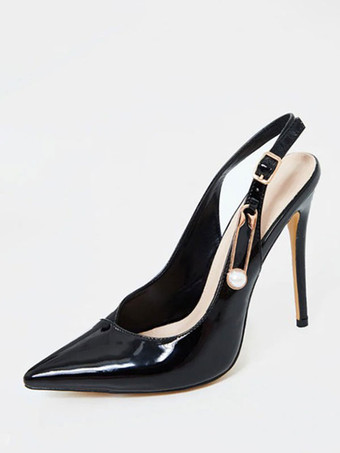 Tacchi alti da donna Tacco a spillo Tacco a punta in pelle PU con tacco nero Slingback
