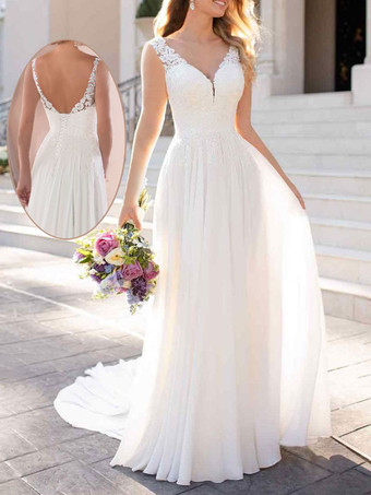 Schlichtes Brautkleid lang Spitze und Reißverschluss A-Linie- elfenbeinfarbe Standesamtkleid