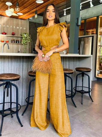 イエローブルージュエルネックノースリーブカットアウトレイヤードワイドサマーワンピース衣装