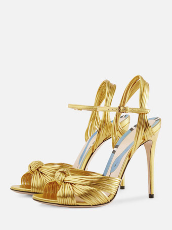 Золотые босоножки на каблуке с открытым носком Туфли на шпильках с узлом