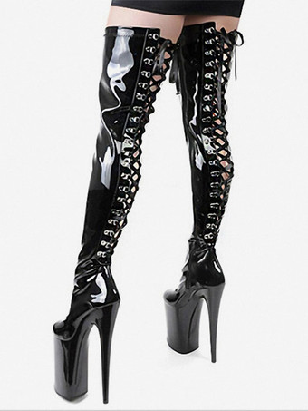 セクシーなハイヒールブーツラウンドトゥジッパースティレットヒールボールブラックスカイハイヒールオーバーザニーブーツ ポールダンスシューズ