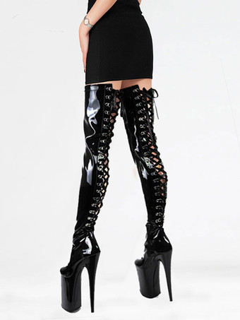 セクシーなハイヒールブーツラウンドトゥジッパースティレットヒールボールブラックスカイハイヒールオーバーザニーブーツ ポールダンスシューズ